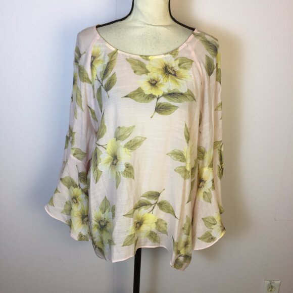 LC Lauren Conrad Blouse Tunic Top XL Womans Pink Yellow Floral Long Bell Sleeve - Picture 1 of 15